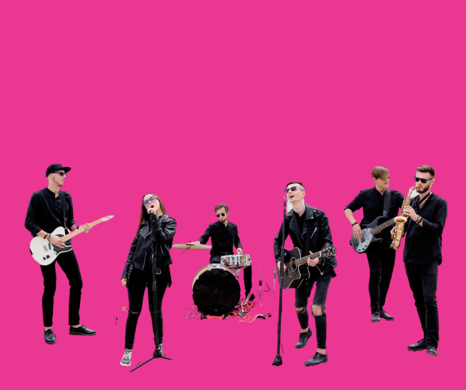 Eine Rockband mit Rosa Hintergrund