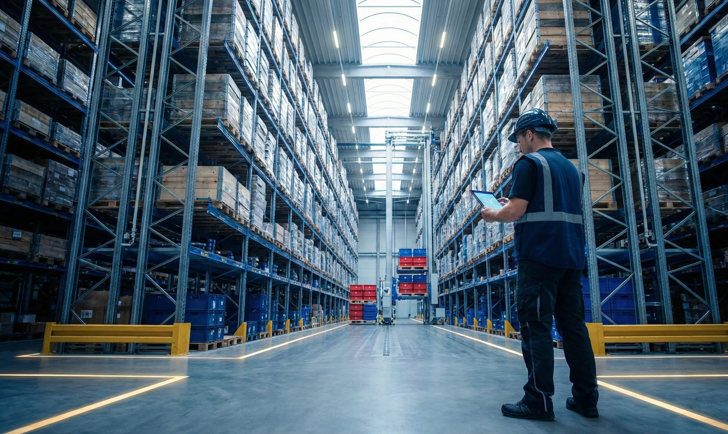 SAP EWM Lagerverwaltung - Mitarbeiter mit Tablet steuert Hochregallager in Echtzeit